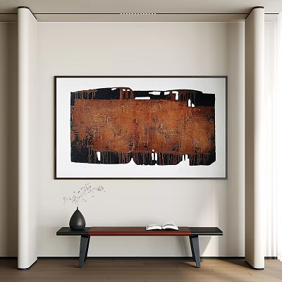 Modern Abstract Wall Art With Brown Black Design And Wooden Table Setup 3d model