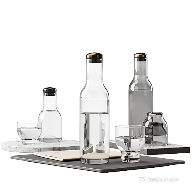 Elegant Tableware Set With Transparent Glass Bottles Cups On Marble Surface And Black Tray 3d model 
