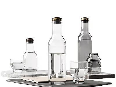 Elegant Tableware Set With Transparent Glass Bottles Cups On Marble Surface And Black Tray 3d model