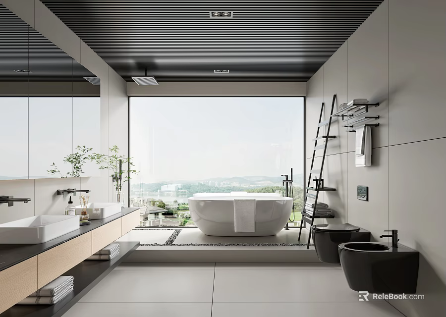 Modern Bathroom Interior With Large Window Scenic View White Bathtub Double Vanity And Wooden Countertop 3d model 