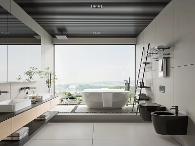 Modern Bathroom Interior With Large Window Scenic View White Bathtub Double Vanity And Wooden Countertop 3d model