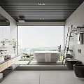 Modern Bathroom Interior With Large Window Scenic View White Bathtub Double Vanity And Wooden Countertop