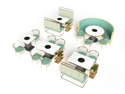 Modern Dining Table Set With Round Square Tables Mint Green Chairs And Booth Seating 3d model