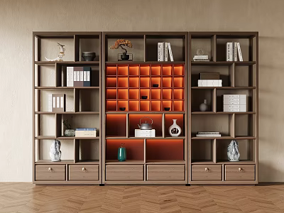 Modern Wooden Bookshelf With Orange Panel Compartments Books Decorations And Drawers 3d model