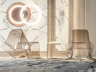 Transparent Acrylic Leisure Chairs In Modern Room With Marble Wall Round Lights And Side Table 3d model