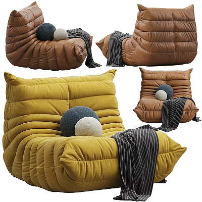 Cozy Bean Bag Chairs in Brown and Yellow with Round Pillows and Striped Blanket 3d model