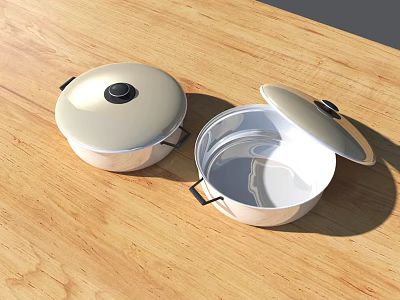 Stainless Steel Cooking Pots With Open And Closed Lids On Wooden Tabletop 3d model