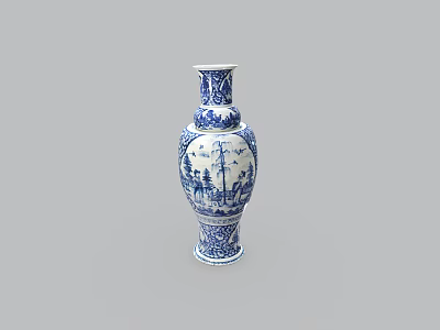 Elegant Ceramic Vase Featuring Blue And White Traditional Scenic Decorative Patterns 3d model