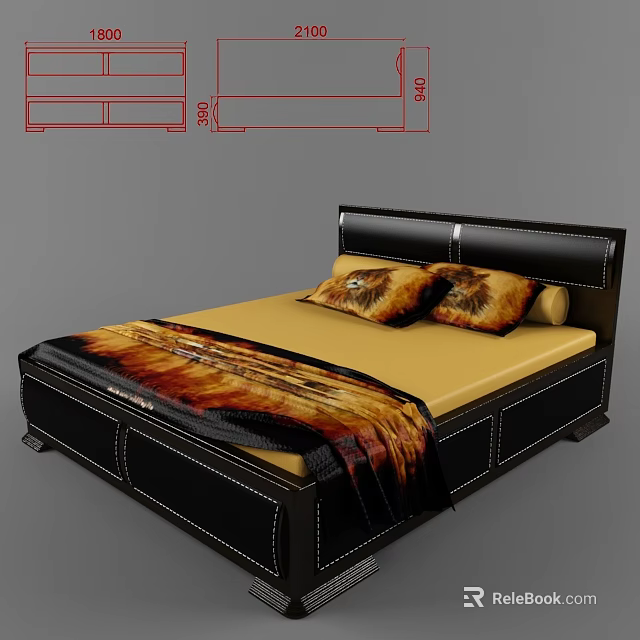 Double Bed With Black Leather Headboard Yellow Mattress Lion Patterned Pillows And Patterned Blanket 3d model 
