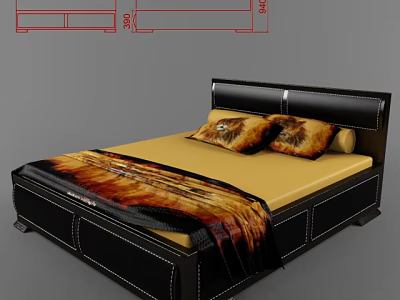 Double Bed With Black Leather Headboard Yellow Mattress Lion Patterned Pillows And Patterned Blanket 3d model