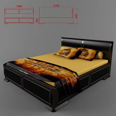 Double Bed With Black Leather Headboard Yellow Mattress Lion Patterned Pillows And Patterned Blanket 3d model