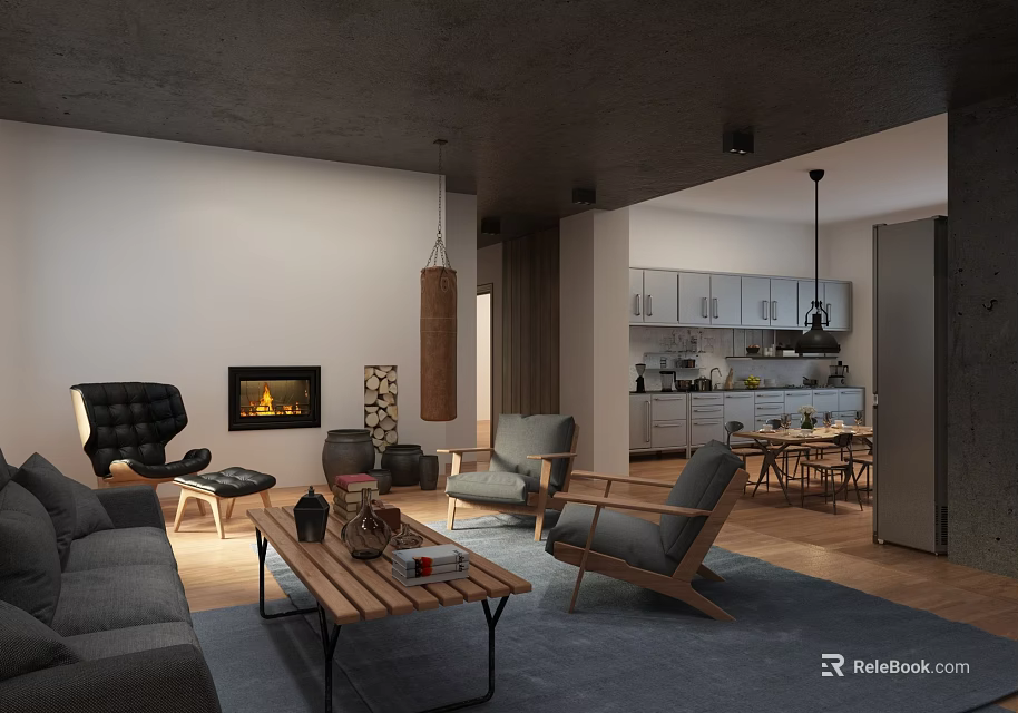 Modern Living Dining Room Interior With Gray Sofa Wooden Coffee Table Fireplace And Dining Chairs 3d model 