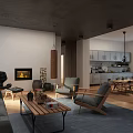 Modern Living Dining Room Interior With Gray Sofa Wooden Coffee Table Fireplace And Dining Chairs