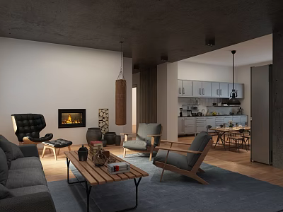 Modern Living Dining Room Interior With Gray Sofa Wooden Coffee Table Fireplace And Dining Chairs 3d model