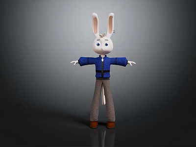 Detailed Rabbit 3D Character Model With White Face Long Ears Blue Jacket Brown Pants 3d model