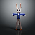 Detailed Rabbit 3D Character Model With White Face Long Ears Blue Jacket Brown Pants