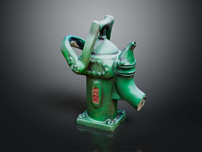 Old Green Water Pump Designed With Octopus Shaped Tentacle Handles And Red Label 3d model
