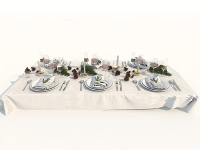 Elegant Dinnerware Set With Plates Cutlery Wine Glasses On White Tablecloth Decorative Greenery Fruits 3d model