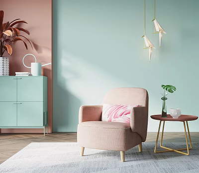 Light Pink Armchair With Light Blue Wall Small Table Green Plant And Hanging Lights 3d model