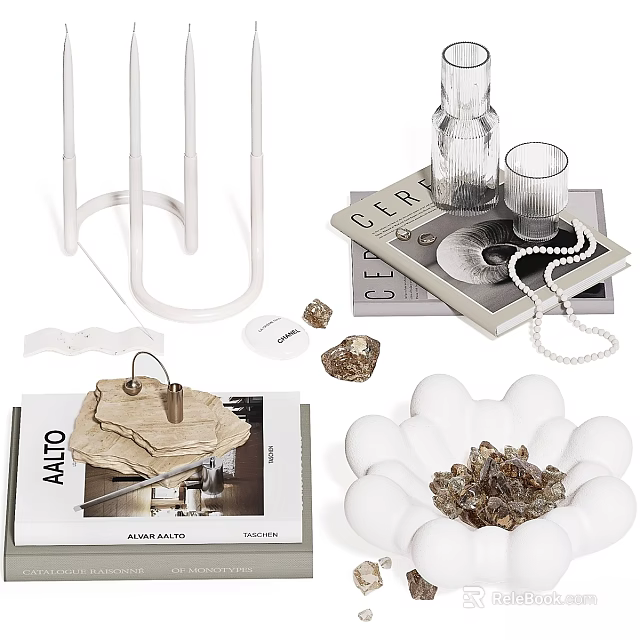 Elegant Decorative Ornaments Set With Glass Vase Pearl Necklace Metal Tray And Crystal Stones 3d model 