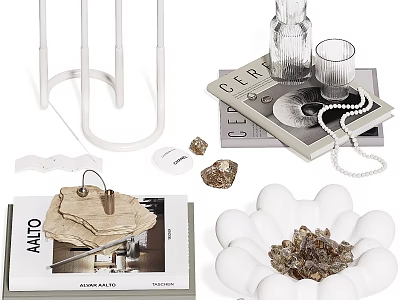 Elegant Decorative Ornaments Set With Glass Vase Pearl Necklace Metal Tray And Crystal Stones 3d model