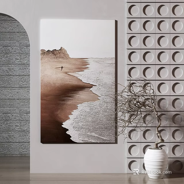 Beach Scene Painting With Decorative Branch And White Vase On Circular Pattern Wall 3d model