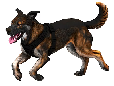Energetic German Shepherd Dog Running With Black Harness And Tongue Out 3d model