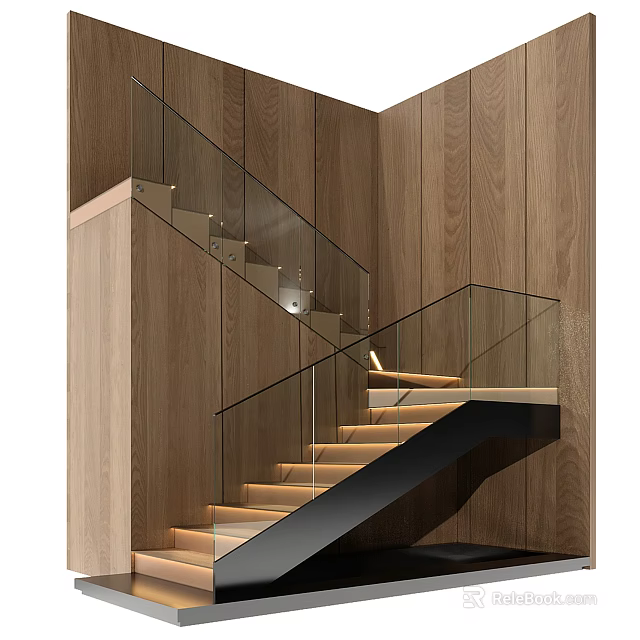 Modern Staircase With Glass Railings Against Wooden Walls 3d model 