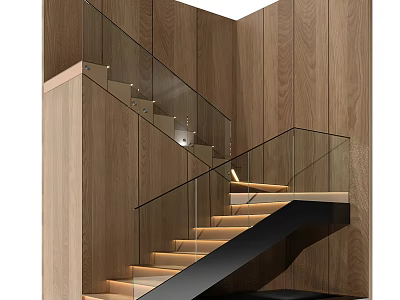 Modern Staircase With Glass Railings Against Wooden Walls 3d model