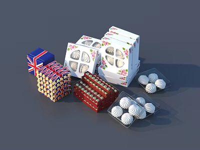 Assorted Pastries and Macarons in Decorative Boxes with Union Jack and Floral Patterns 3d model