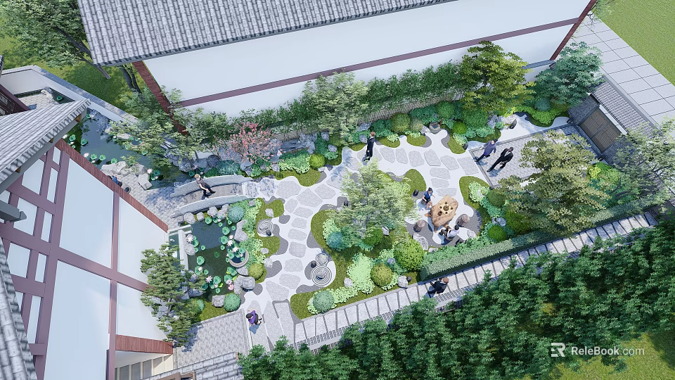 Traditional Chinese Garden Landscape With Stone Path Lotus Pond And Green Plants 3d model 