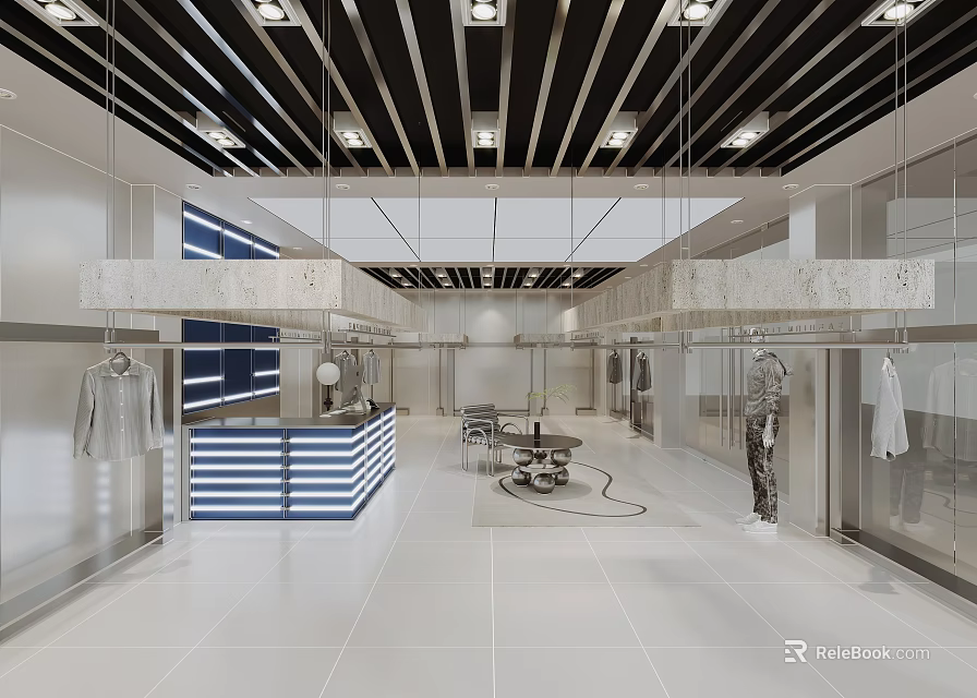 Modern Clothing Store Interior With Fashion Apparel Displays Cashier Counter And Lighting 3d model 
