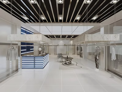 Modern Clothing Store Interior With Fashion Apparel Displays Cashier Counter And Lighting 3d model