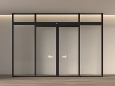 Modern Double Sliding Glass Doors with Black Frame and Arrow Indicators in Minimalist Interior 3d model