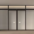 Modern Double Sliding Glass Doors with Black Frame and Arrow Indicators in Minimalist Interior