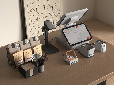 Modern Organized Cash Register with Tablet Display Barcode Scanner and Coffee Bags on Cafe Countertop 3d model