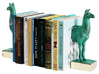 Colorful Books Neatly Arranged With Green Camel Bookends On Shelf 3d model