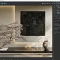 Modern Interior Design With Bonsai Pine Tree Abstract Painting And Ceramic Vase