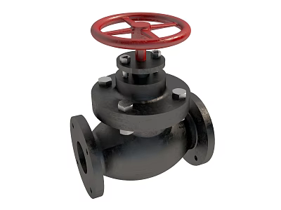 Black Cast Iron Industrial Valve With Red Wheel Handle And Flanged Ends 3d model