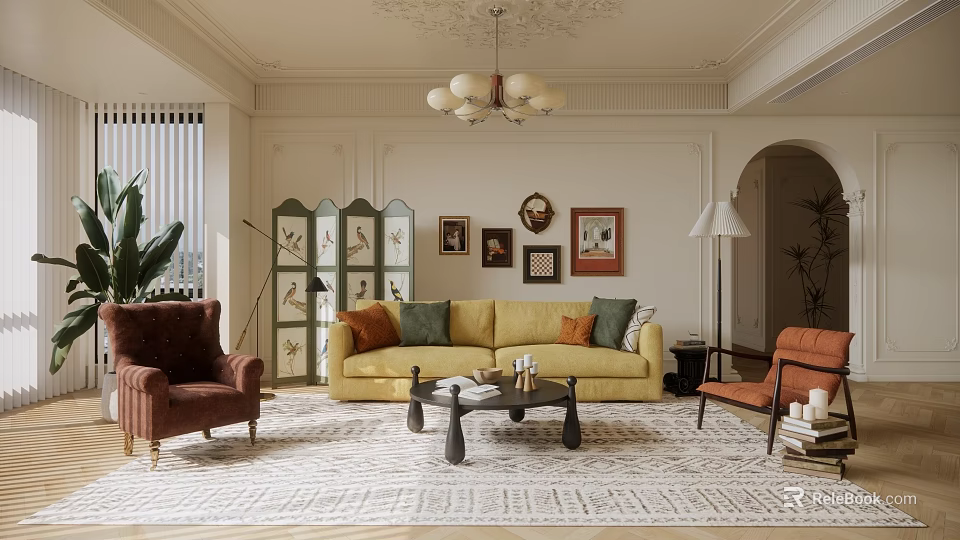 Elegant Living Room Interior Featuring Yellow Sofa Red Armchairs Decorative Screen and Wall Paintings 3d model 