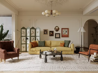 Elegant Living Room Interior Featuring Yellow Sofa Red Armchairs Decorative Screen and Wall Paintings 3d model