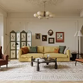 Elegant Living Room Interior Featuring Yellow Sofa Red Armchairs Decorative Screen and Wall Paintings