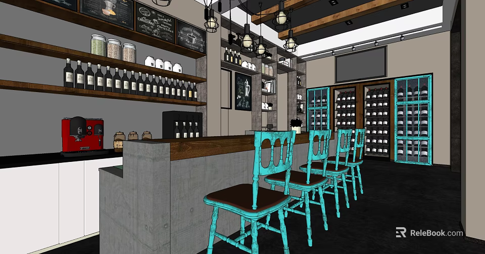 Stylish Bubble Tea Shop Interior With Wooden Bar Counter Turquoise Chairs And Pendant Lights 3d model 