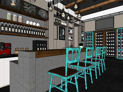 Stylish Bubble Tea Shop Interior With Wooden Bar Counter Turquoise Chairs And Pendant Lights 3d model