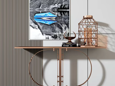 Modern Console Table With Metal Frame Artwork And Decorative Lantern On Striped Wall 3d model