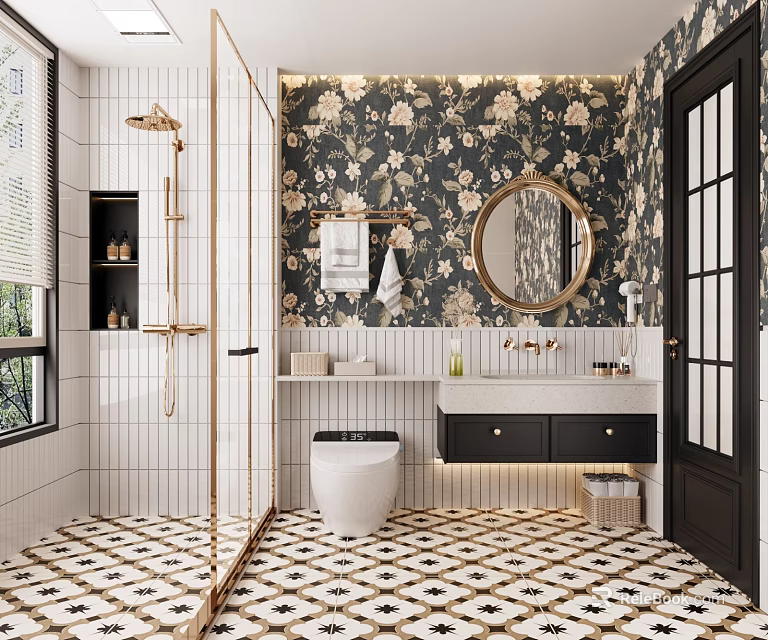 Elegant Modern Bathroom Interior With Floral Wallpaper Round Mirror Vanity Toilet And Gold Fixtures 3d model 