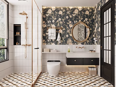 Elegant Modern Bathroom Interior With Floral Wallpaper Round Mirror Vanity Toilet And Gold Fixtures 3d model