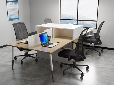 Modern Office Interior With Divided Work Desks Ergonomic Chairs Laptop And Large Window 3d model