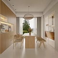 Modern Living Dining Room With Beige Sofa Wooden Bookshelf and Floor to Ceiling Window