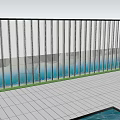 Modern Outdoor Feature Wall With Metal Vertical Slats Water Pool Tiled Floor And Grass Lawn